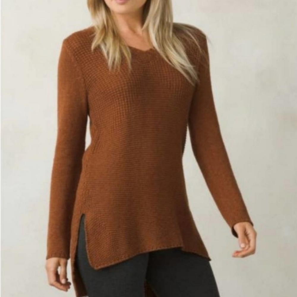 prAna Rust Brown V Neck Tunic Sweater, Medium EUC